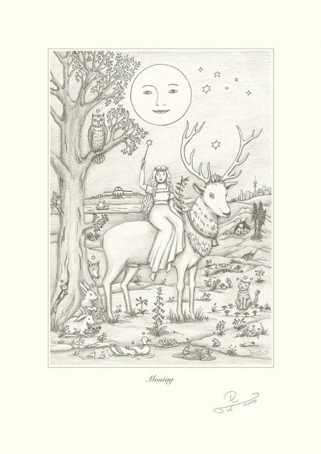 Zeichnung zum Wochentag Montag mit Mond, weißem Hirschen und Selene
