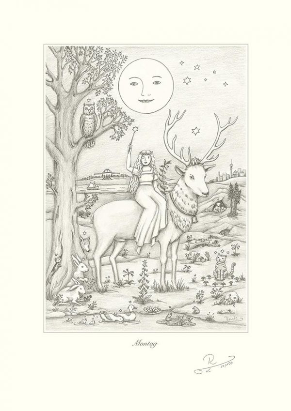 Die Mondgöttin Luna auf einem weißen Hirschen - Bleistiftzeichnung