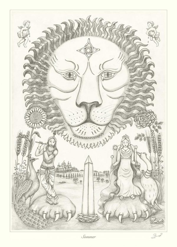 Zeichnung mit Löwen, Krishna und der Hohepriesterin