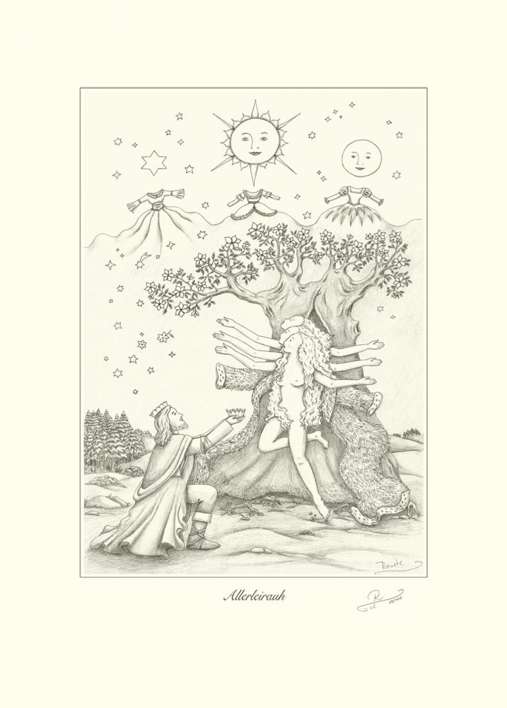 Allerleirauh, Zeichnung - Allerleirauh mit ihren kosmischen Kleidern