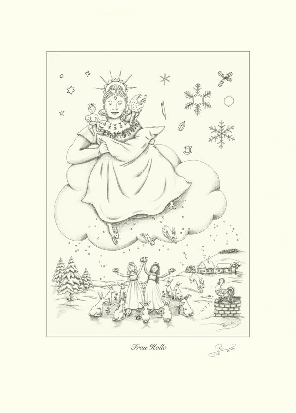 Frau Holle, Zeichnung, Titel: Frau Holle lässte es weiße Hasen schneien