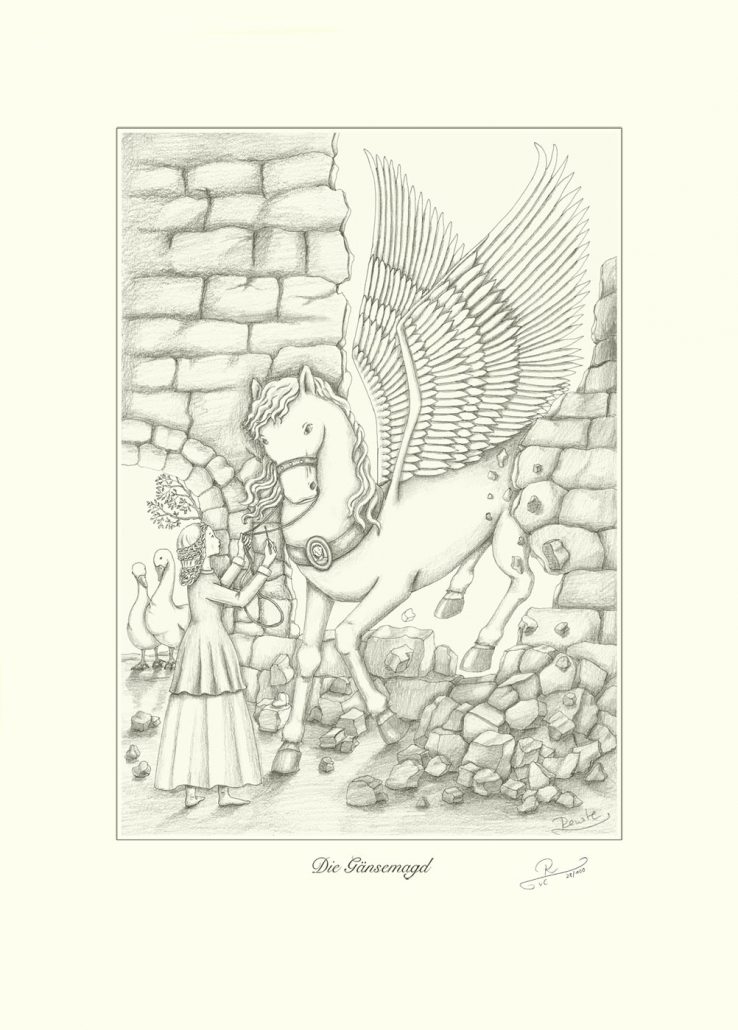 Gänsemagd, Zeichnung - Gänsemagd mit Perd Falada, das zum Pegasos mutiert