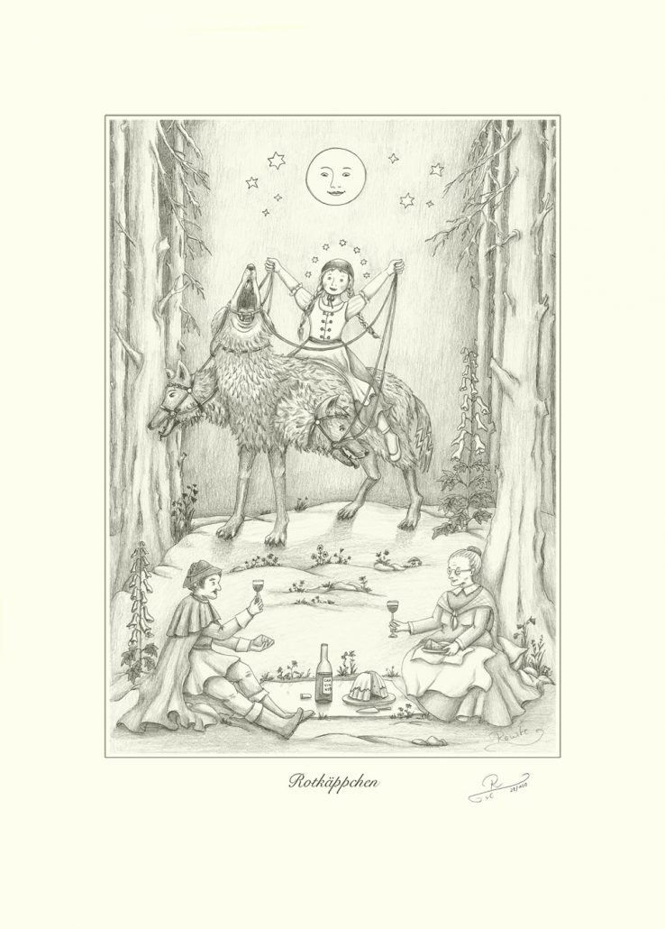 Rotkäppchen, Zeichnung mit Cerberos