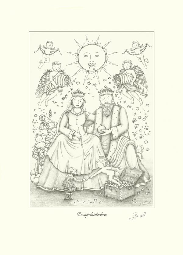 Rumpelstilzchen, Zeichnung - Rumpelstilzchen wird von König und Königin beschenkt