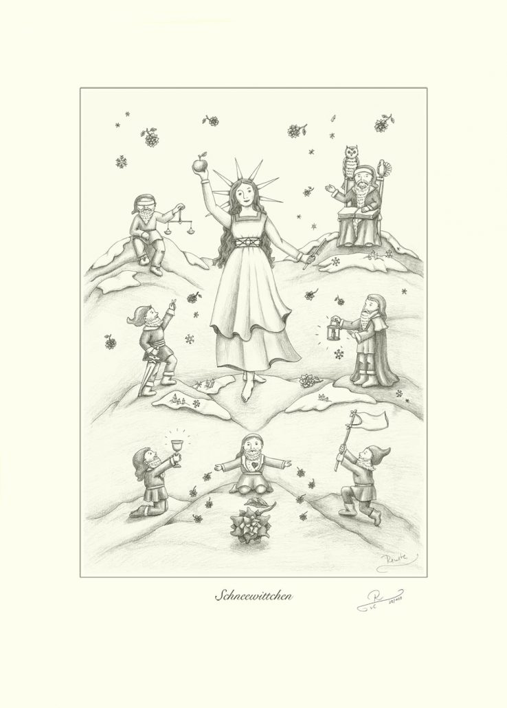 Schneewittchen, Zeichnung, Schneewittchen und die sieben Zwerge als Tugenden