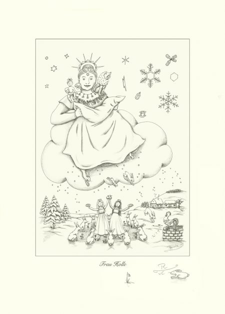 Frau Holle, Zeichnung - Frau Holle lässt es weiße Hasen schneien