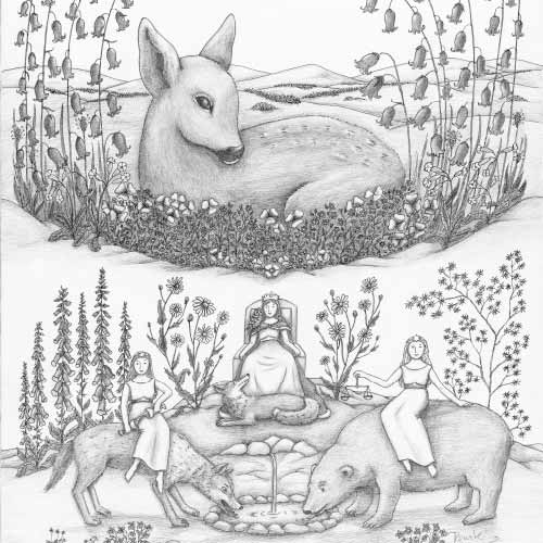 Zeichnung mit Rehkitz, Bären Fuchs und Wolf. Bildtitel: Harmonie
