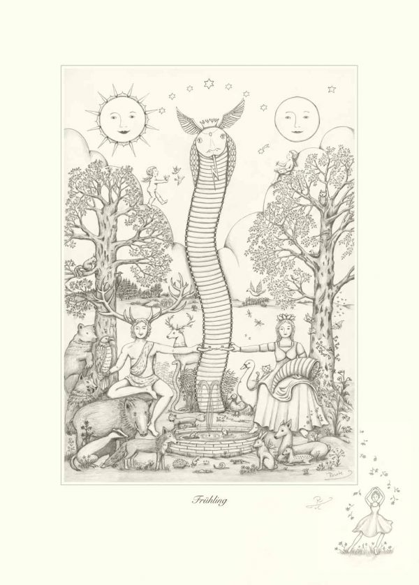 Zeichnung mit Kundalini, Cernunos und der römischen Frühlingsgöttin