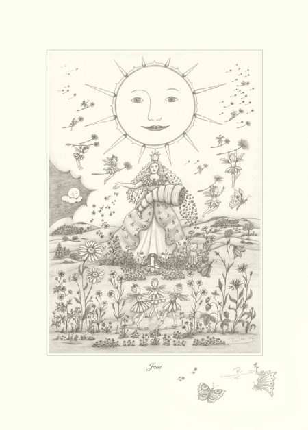Zeichnung mit Göttin Juno, vielen Pflanzen und Schmetterlingen