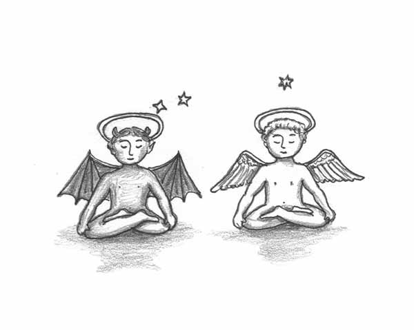 Engel und Teufel meditieren, Zeichnung