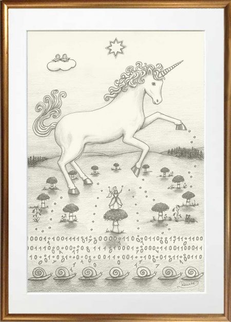Das Einhorn verwirrt den Binärcode, denn Wissen ist mehr als Information