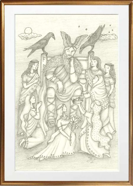 Odin mit den Gopis / Sri Krishna mit Geri und Freki ( Doppelbild)